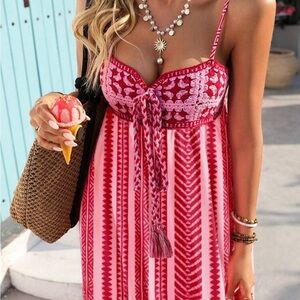 Red & Pink Patterned Maxi Dress with Tassel Tie